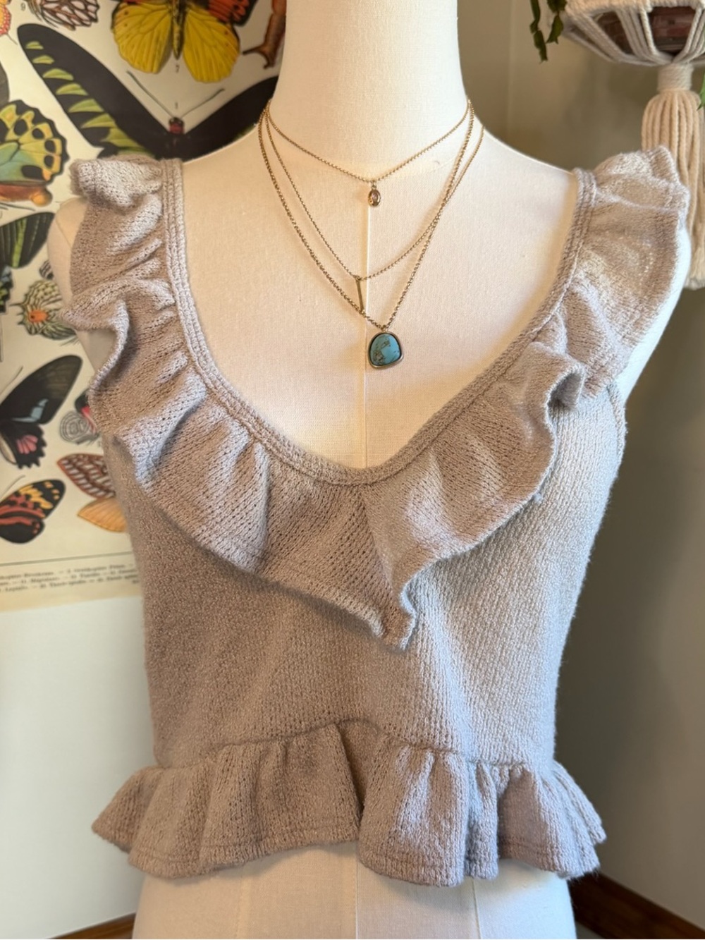 Urban Outfitters Cream Textured Knit Top with Ruffle Trim